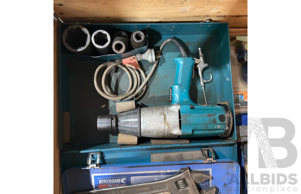 Pallet of Tools - Makita Impact Gun W/ Impact Sockets, Kincrome Sockets, Drill Bits, Shifters, Bolt Cutters