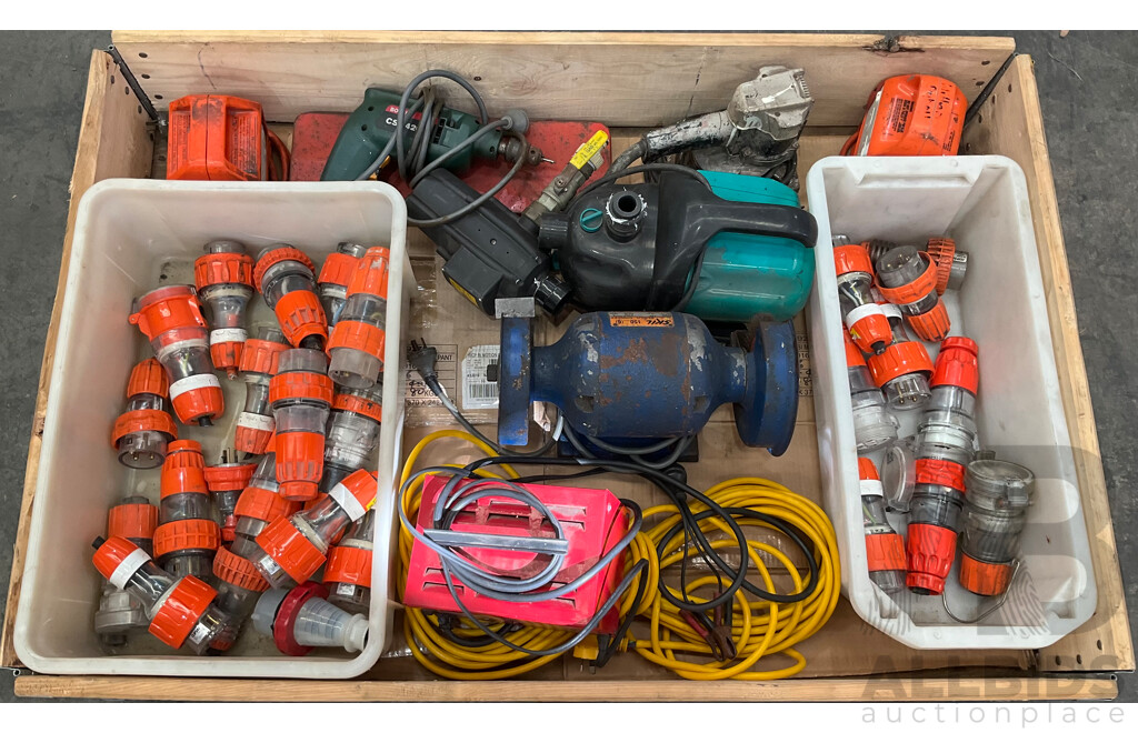 Pallet of Tools - 3 Phase Power Plugs, Snap on Battery Charger, Pump, Sockets, Power Boxes, Bench Grinder, Power Drill