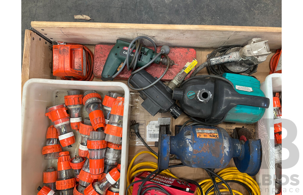 Pallet of Tools - 3 Phase Power Plugs, Snap on Battery Charger, Pump, Sockets, Power Boxes, Bench Grinder, Power Drill