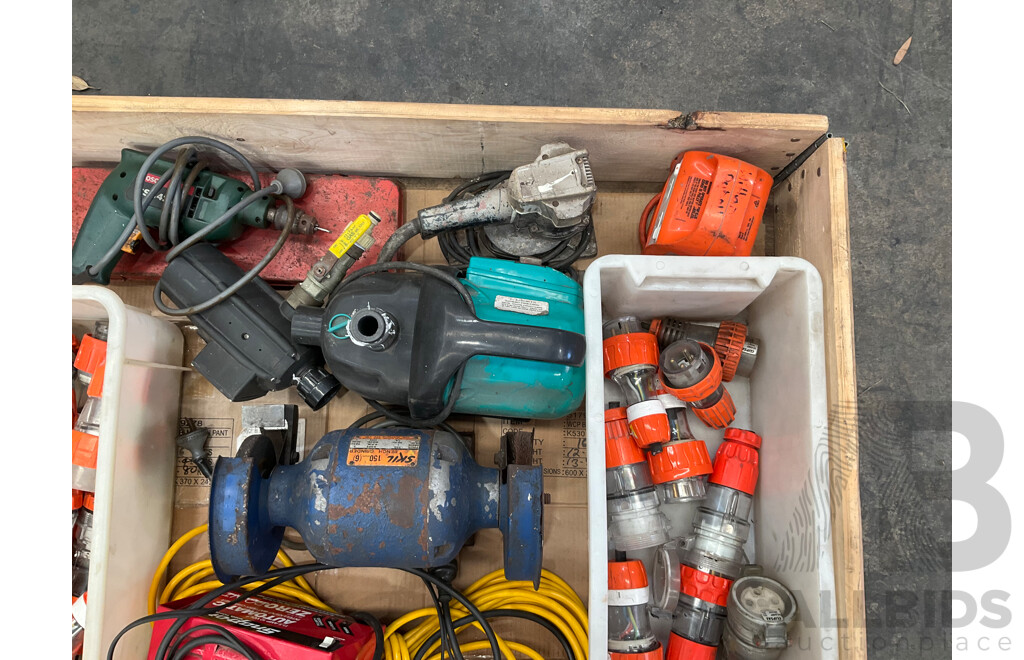 Pallet of Tools - 3 Phase Power Plugs, Snap on Battery Charger, Pump, Sockets, Power Boxes, Bench Grinder, Power Drill