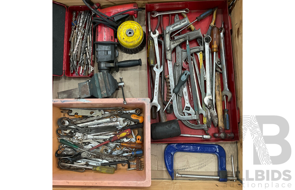 HILTI Hammer Drill with Assorted of  Hand Tools - Drill Bits, Vice, Clamps and More