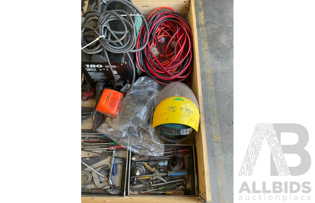 Pallet of Mixed Hardware & Tools - Mig Welder, Extension Leads, Clamps, Tape Measures, Hand Tools