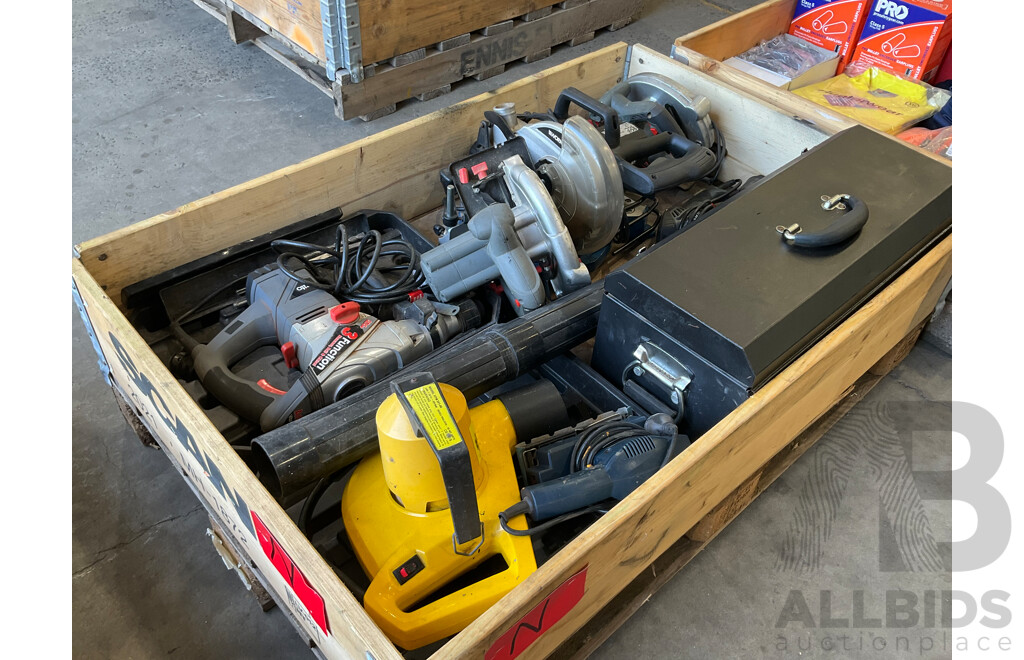Pallet of Mixed Hardware & Tools - Sanders (3x), Blower, Saw, Drop Saw, Jack Hammer, Tool Box W/ Various Hand Tools
