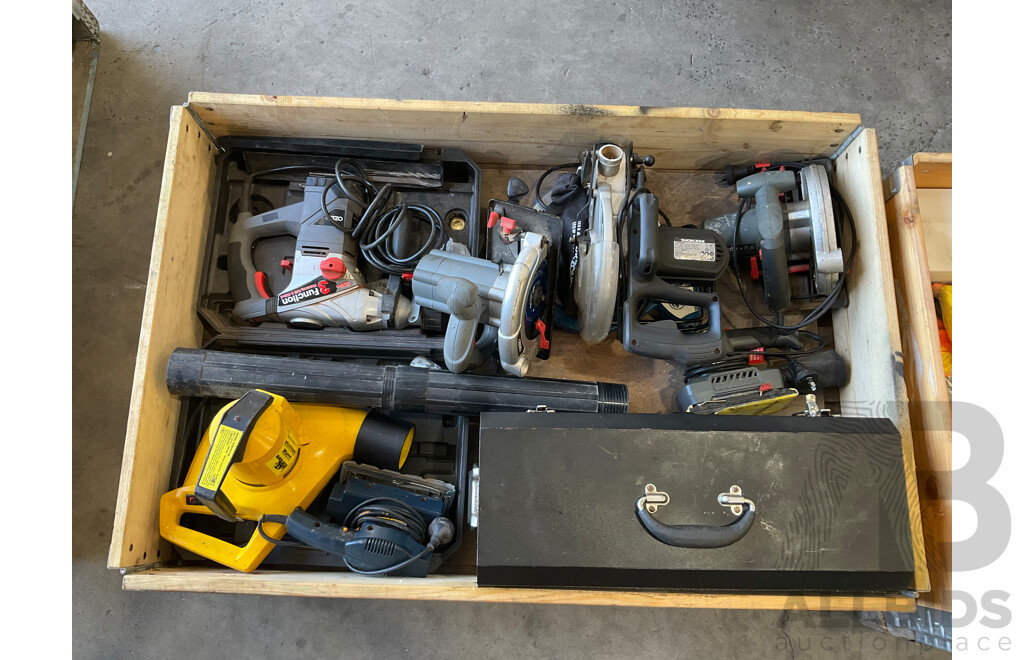 Pallet of Mixed Hardware & Tools - Sanders (3x), Blower, Saw, Drop Saw, Jack Hammer, Tool Box W/ Various Hand Tools