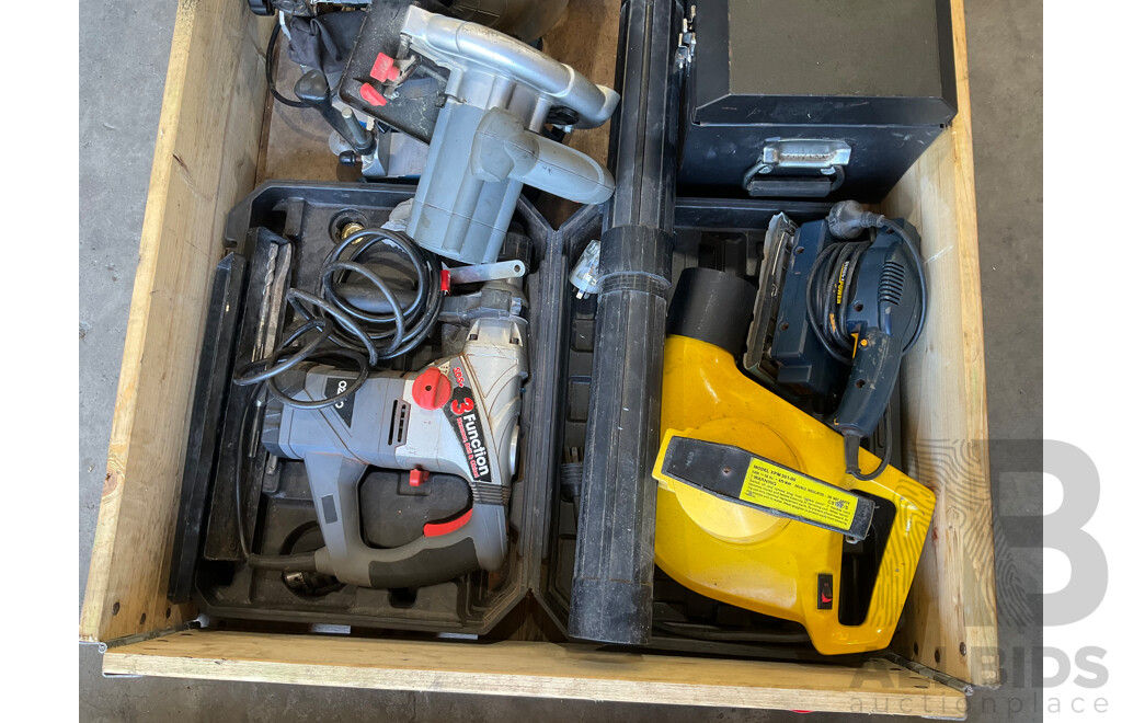 Pallet of Mixed Hardware & Tools - Sanders (3x), Blower, Saw, Drop Saw, Jack Hammer, Tool Box W/ Various Hand Tools
