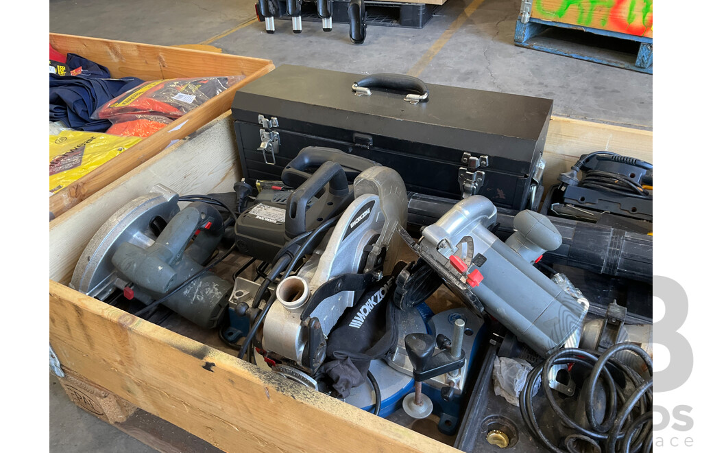 Pallet of Mixed Hardware & Tools - Sanders (3x), Blower, Saw, Drop Saw, Jack Hammer, Tool Box W/ Various Hand Tools