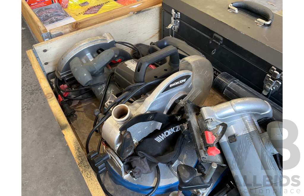 Pallet of Mixed Hardware & Tools - Sanders (3x), Blower, Saw, Drop Saw, Jack Hammer, Tool Box W/ Various Hand Tools