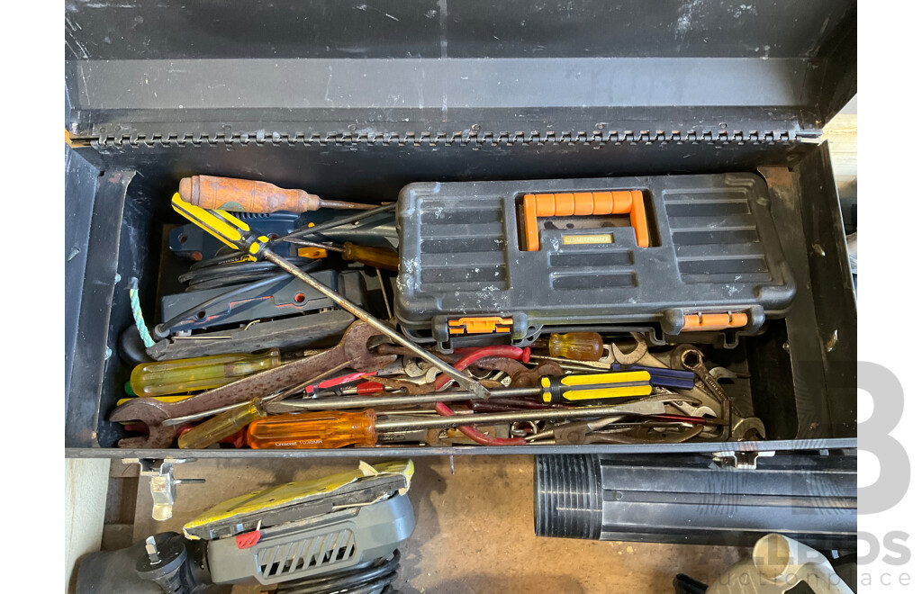 Pallet of Mixed Hardware & Tools - Sanders (3x), Blower, Saw, Drop Saw, Jack Hammer, Tool Box W/ Various Hand Tools