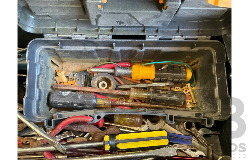 Pallet of Mixed Hardware & Tools - Sanders (3x), Blower, Saw, Drop Saw, Jack Hammer, Tool Box W/ Various Hand Tools