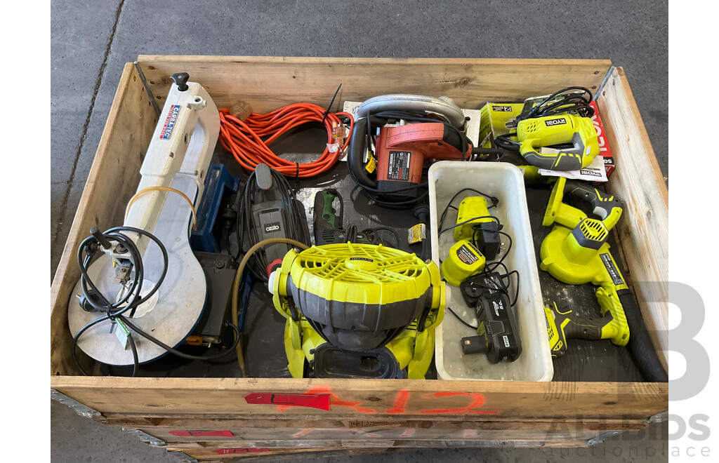 Pallet of Ryobi, Ozito, Carba-Tec, BLACK+DECKER, Hardware & Tools - Power Saw, Scroll Saw, Jig Saw, Power Drills, Battery Fan, Blower