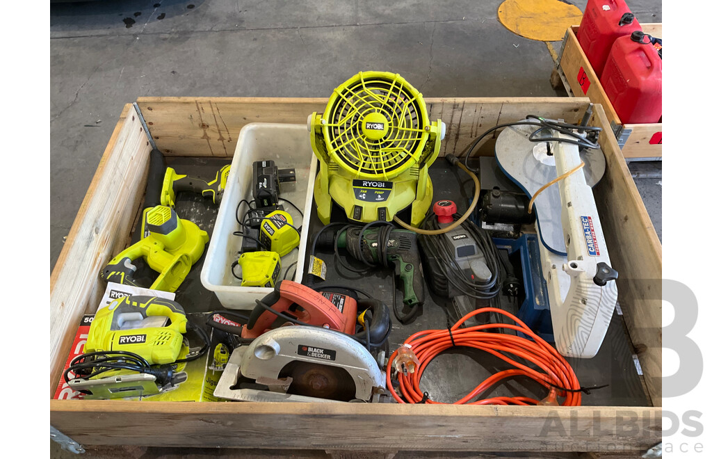 Pallet of Ryobi, Ozito, Carba-Tec, BLACK+DECKER, Hardware & Tools - Power Saw, Scroll Saw, Jig Saw, Power Drills, Battery Fan, Blower