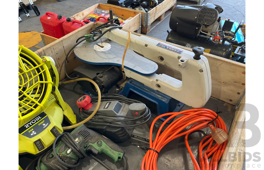 Pallet of Ryobi, Ozito, Carba-Tec, BLACK+DECKER, Hardware & Tools - Power Saw, Scroll Saw, Jig Saw, Power Drills, Battery Fan, Blower