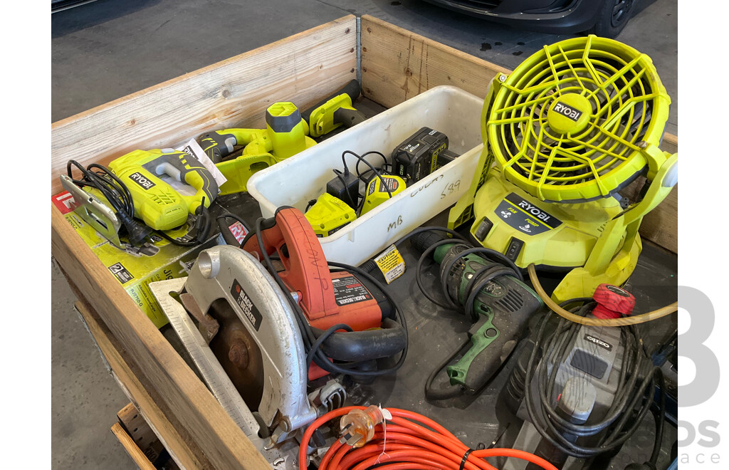 Pallet of Ryobi, Ozito, Carba-Tec, BLACK+DECKER, Hardware & Tools - Power Saw, Scroll Saw, Jig Saw, Power Drills, Battery Fan, Blower