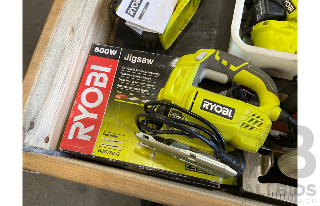Pallet of Ryobi, Ozito, Carba-Tec, BLACK+DECKER, Hardware & Tools - Power Saw, Scroll Saw, Jig Saw, Power Drills, Battery Fan, Blower