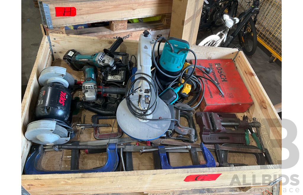 Pallet of Hardware & Tools - Bench Grinder, Makita Angle Grinders, Scroll Saw, G Clamps, Drill Vice, Submergable Pump, Bosch Jig Saw, Martec Jig Saw