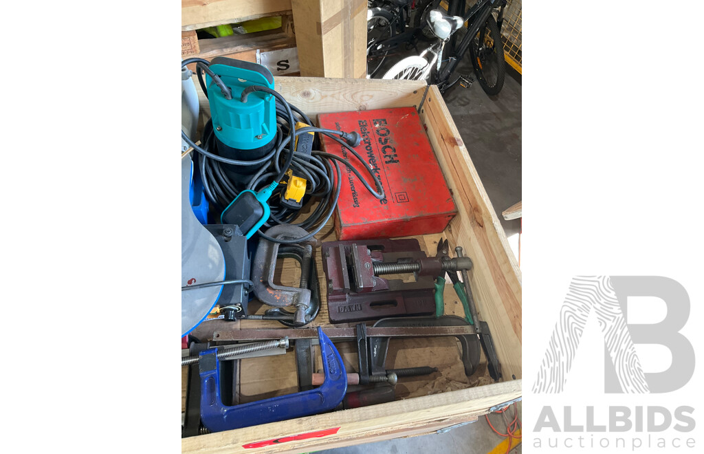 Pallet of Hardware & Tools - Bench Grinder, Makita Angle Grinders, Scroll Saw, G Clamps, Drill Vice, Submergable Pump, Bosch Jig Saw, Martec Jig Saw