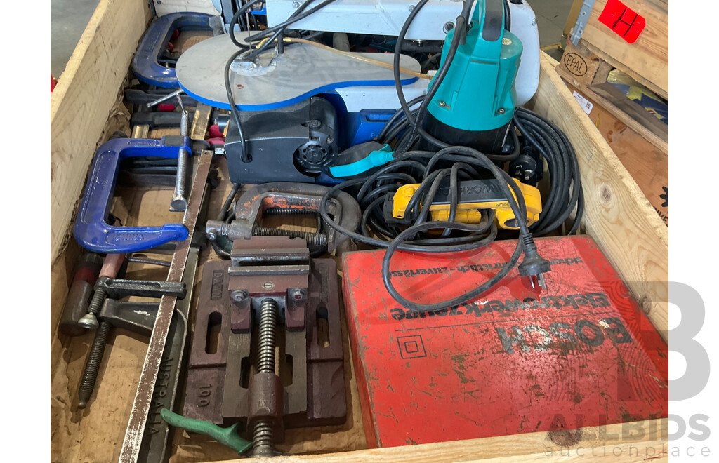 Pallet of Hardware & Tools - Bench Grinder, Makita Angle Grinders, Scroll Saw, G Clamps, Drill Vice, Submergable Pump, Bosch Jig Saw, Martec Jig Saw