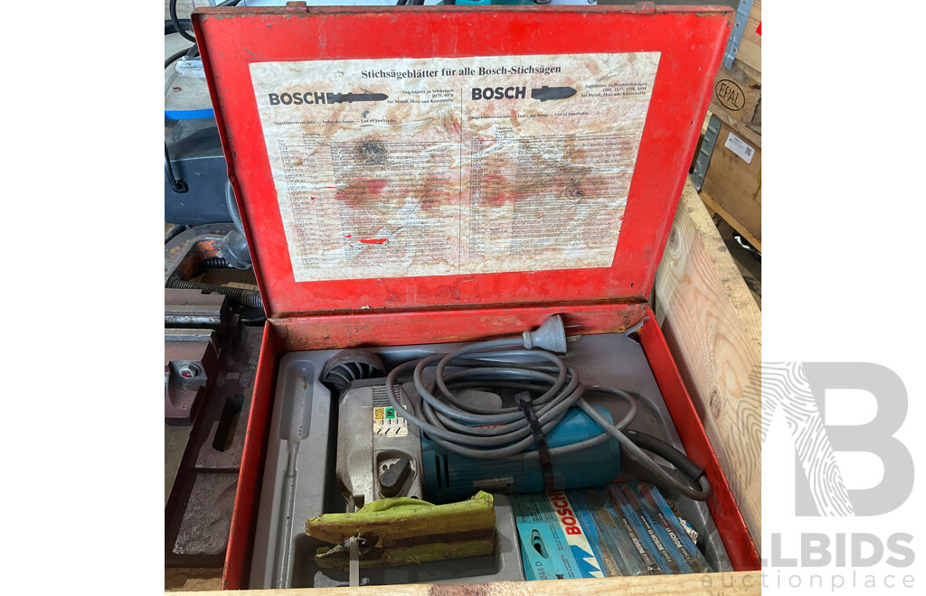 Pallet of Hardware & Tools - Bench Grinder, Makita Angle Grinders, Scroll Saw, G Clamps, Drill Vice, Submergable Pump, Bosch Jig Saw, Martec Jig Saw