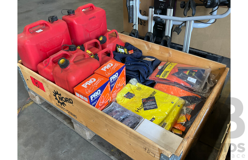 Pallet of PPE - Bisley & Hard Yakka Work Clothing, Safety Glasses (x24), Jerry Cans 5L (x3), 10L (x2), 20L (x2)