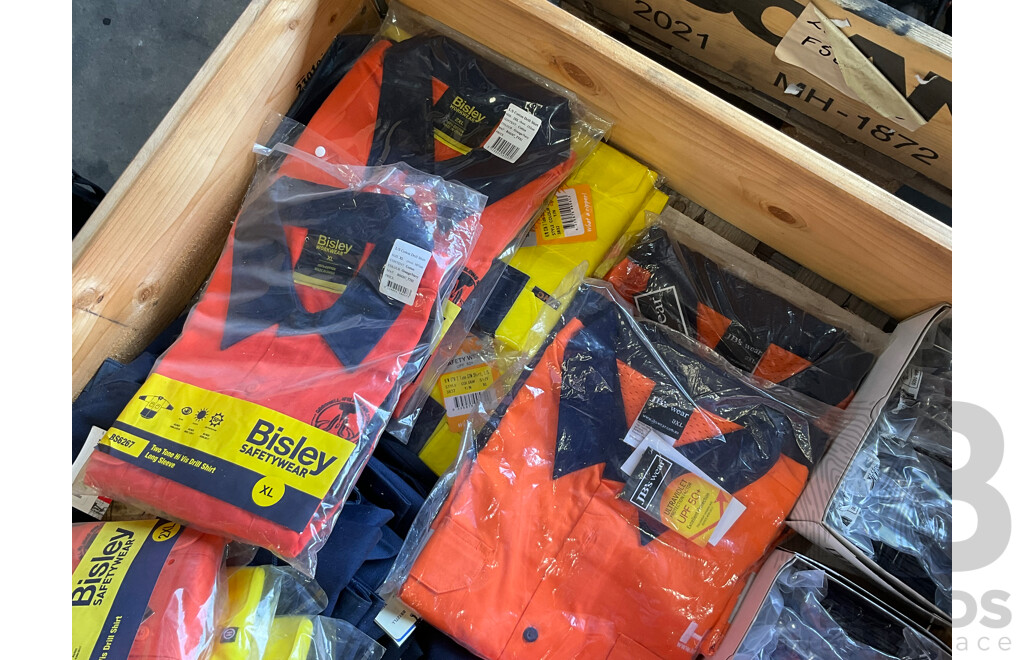 Pallet of PPE - Bisley & Hard Yakka Work Clothing, Safety Glasses (x24), Jerry Cans 5L (x3), 10L (x2), 20L (x2)