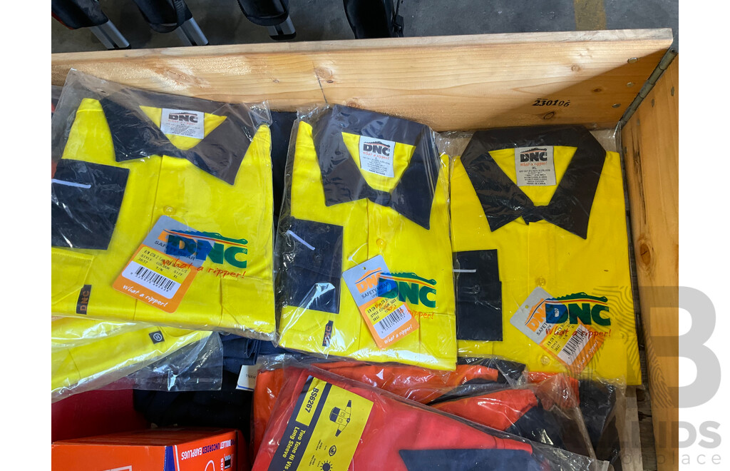 Pallet of PPE - Bisley & Hard Yakka Work Clothing, Safety Glasses (x24), Jerry Cans 5L (x3), 10L (x2), 20L (x2)