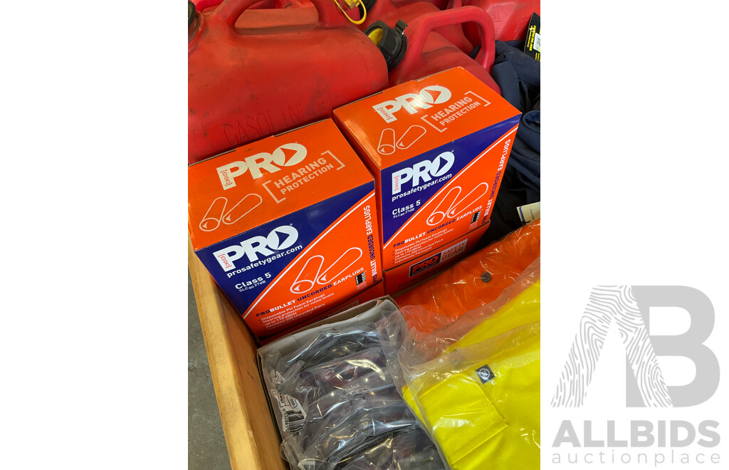 Pallet of PPE - Bisley & Hard Yakka Work Clothing, Safety Glasses (x24), Jerry Cans 5L (x3), 10L (x2), 20L (x2)