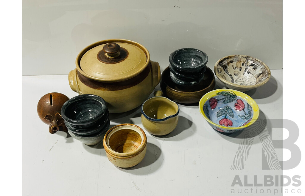 Collection Australian Studio Pottery Including Colourful Bowl by W Layton Mudgee, Lidded Tureen and More