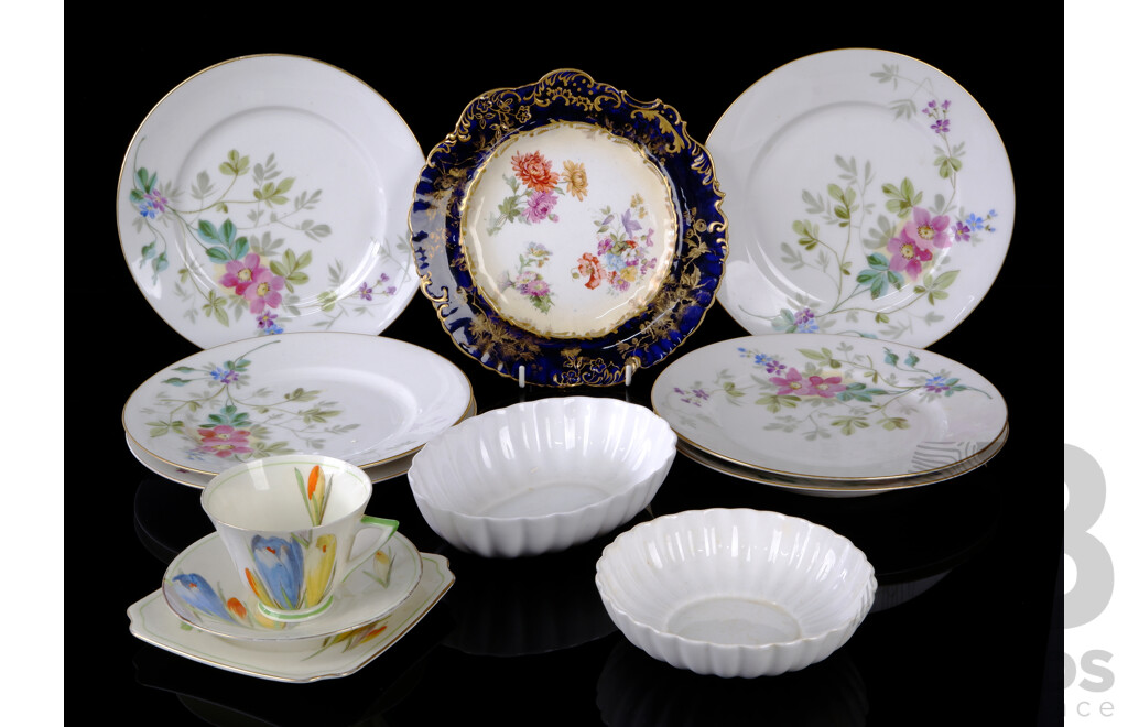 Collection Vintage Porcelain Including Set Six Hand Painted PLates, Royal Doulton Crocus Pattern Trio, Two White Royal Doulton Examples with Scalloped Rim and More