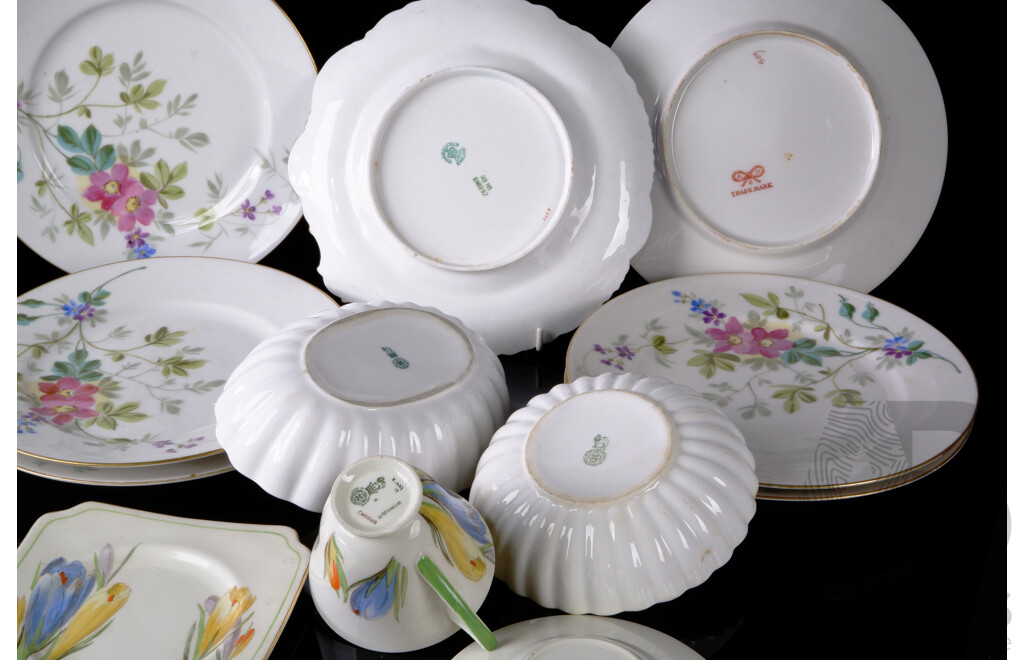 Collection Vintage Porcelain Including Set Six Hand Painted PLates, Royal Doulton Crocus Pattern Trio, Two White Royal Doulton Examples with Scalloped Rim and More