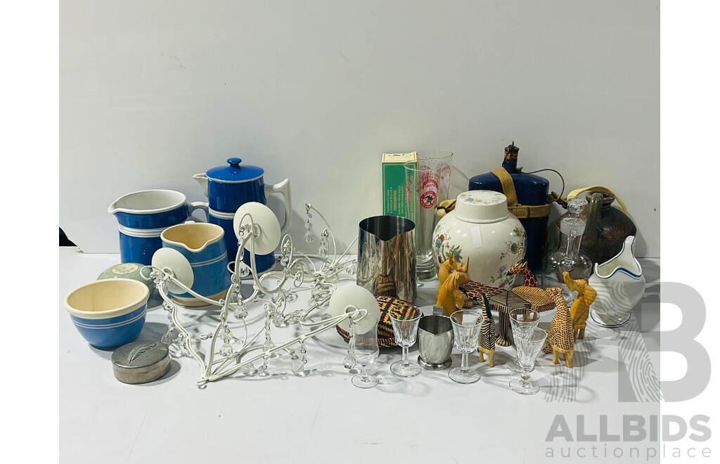 Collection Decorator Wares Including Bendigo Pottery Jug, Royal Cauldron Porcelain Twiniings Lidded Tea Jar, Set Hand Carved African Wooden Animals and More