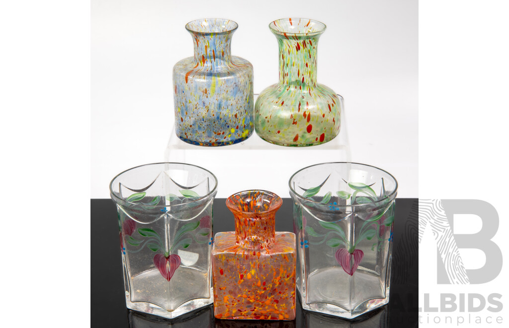 Pair Mid Century Hand Painted Glass Tumblers in Maja Pattern by Eva Englund Along with Three Pukeberg Hand Made Glass Bottles