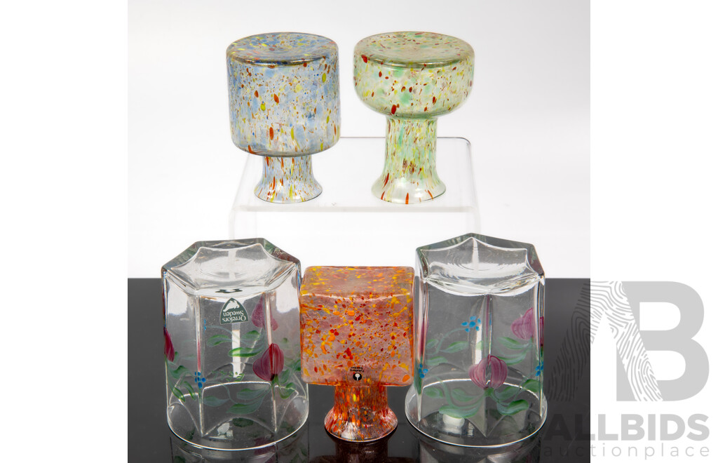 Pair Mid Century Hand Painted Glass Tumblers in Maja Pattern by Eva Englund Along with Three Pukeberg Hand Made Glass Bottles