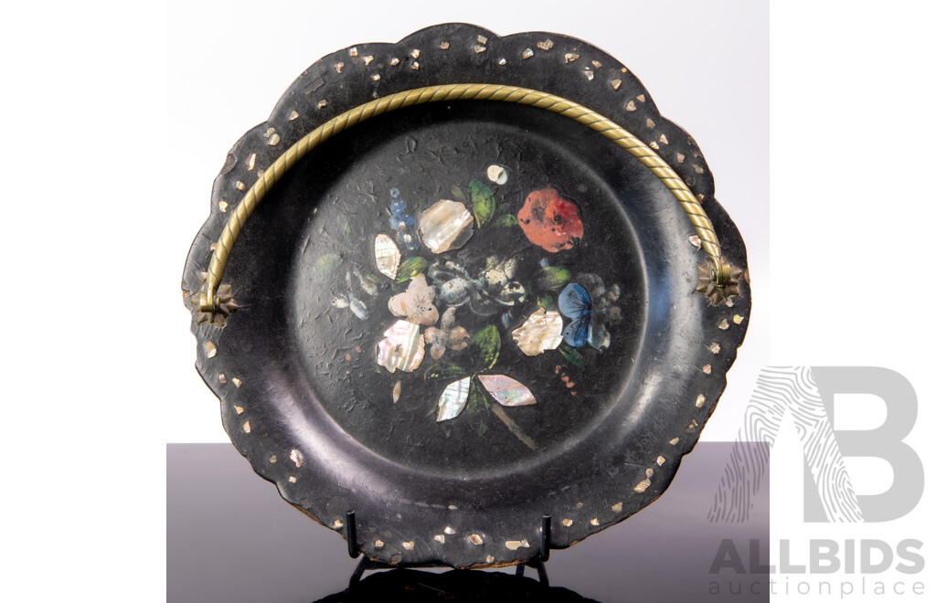 Antique French Papier Mache Tray with Floral Themed Inlay & Brass Handle, Circa 1870s