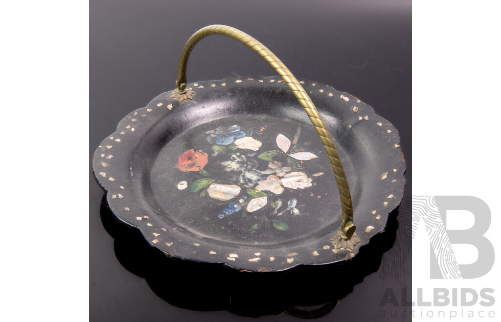 Antique French Papier Mache Tray with Floral Themed Inlay & Brass Handle, Circa 1870s