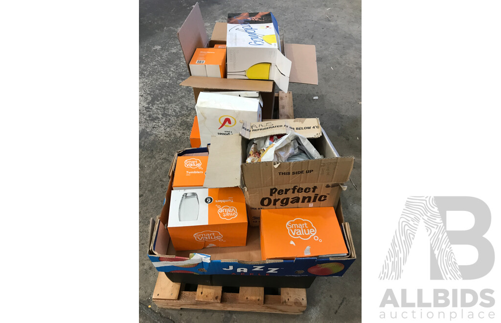 Pallet Lot of Assorted Kitchenware Including Wine Glasses, Tumblers, and Plates