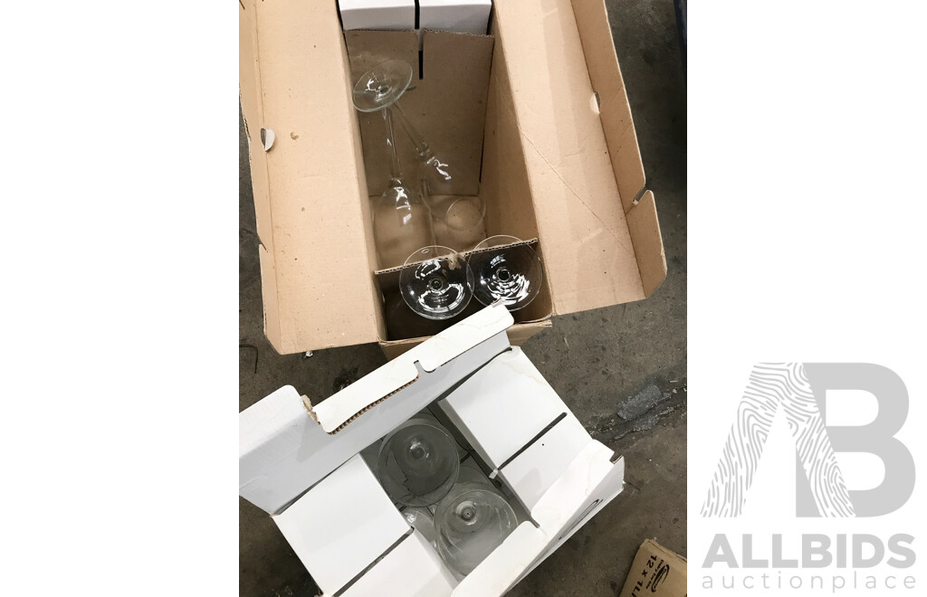 Pallet Lot of Assorted Kitchenware Including Wine Glasses, Tumblers, and Plates