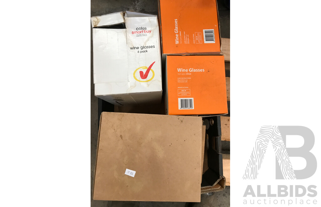 Pallet Lot of Assorted Kitchenware Including Wine Glasses, Tumblers, and Plates
