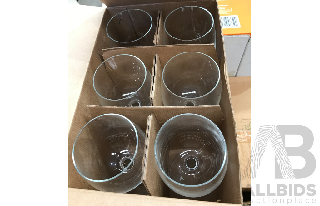 Pallet Lot of Assorted Kitchenware Including Wine Glasses, Tumblers, and Plates