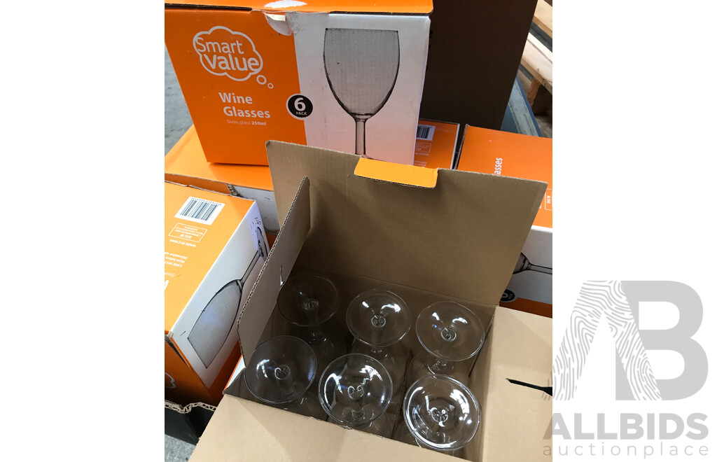 Pallet Lot of Assorted Kitchenware Including Wine Glasses, Tumblers, and Plates