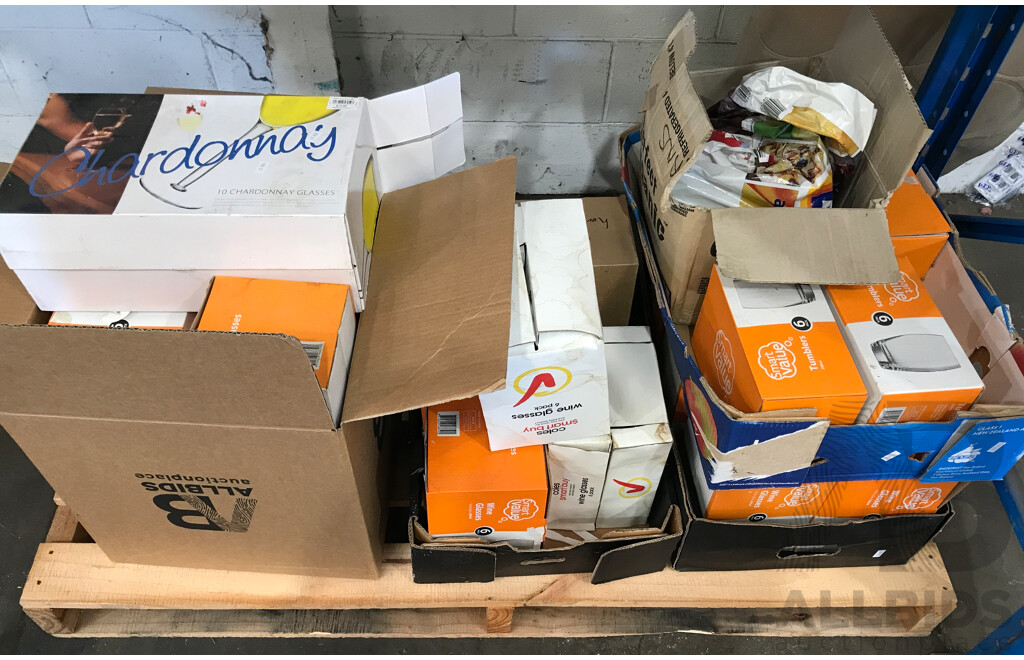 Pallet Lot of Assorted Kitchenware Including Wine Glasses, Tumblers, and Plates