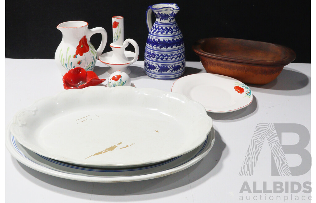 Collection Porcelain & Ceramic Pieces Including Two Large Platters, Five Poppy Themed Items From Siorac en Perigord, Terracotta Coquelicot & Spanish Blue & White Jug