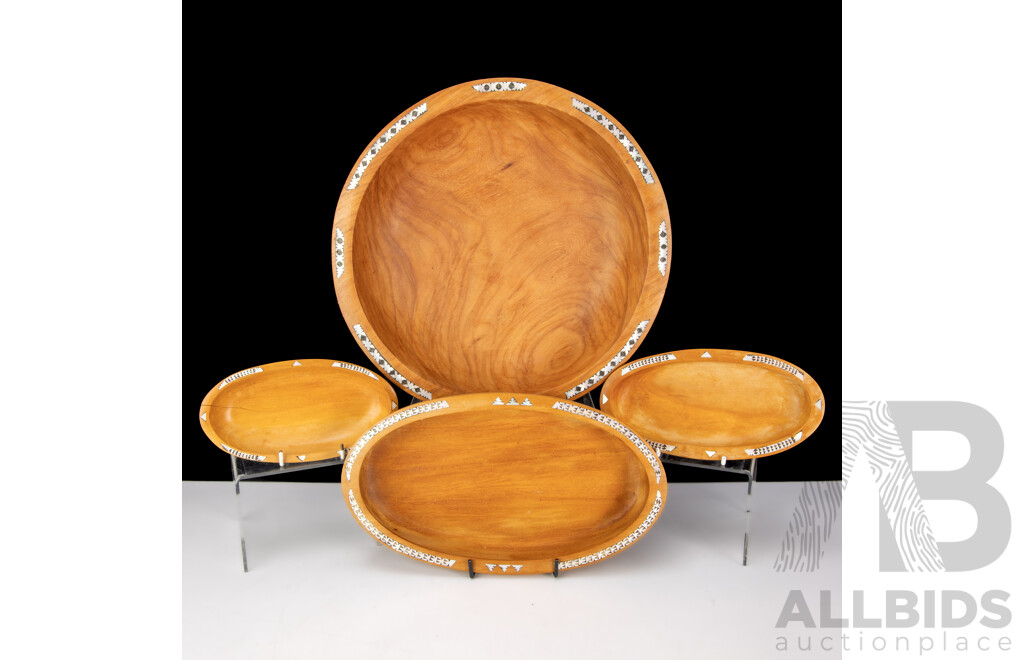 Collection Vintage Hand Carved Trobriand Island Bowls with Mother of Pearl Inlay to Exterior