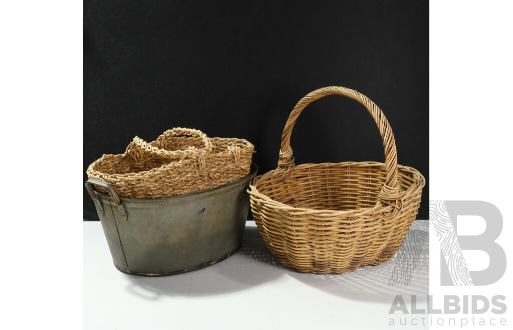 Vintage Tin Wash Tub Along with Two Vintage Fibre Baskets
