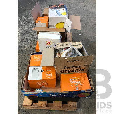 Pallet Lot of Assorted Kitchenware Including Wine Glasses, Tumblers, and Plates