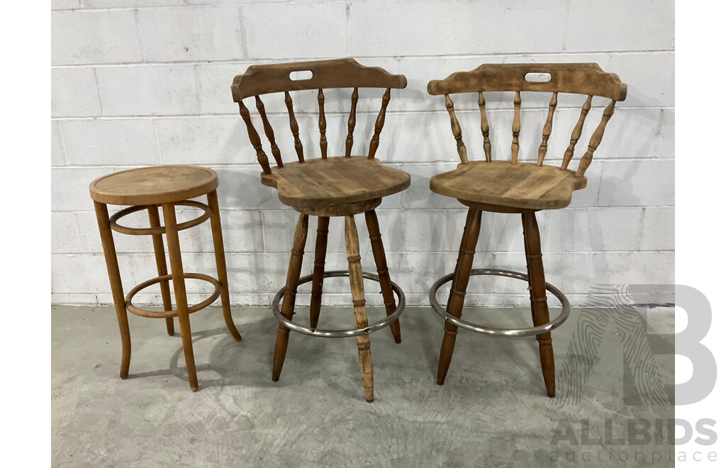 Wooden Swivel Bar Stools Windsor Maple Brass Footrest - Set of 2 and Barstool - Lot of 3