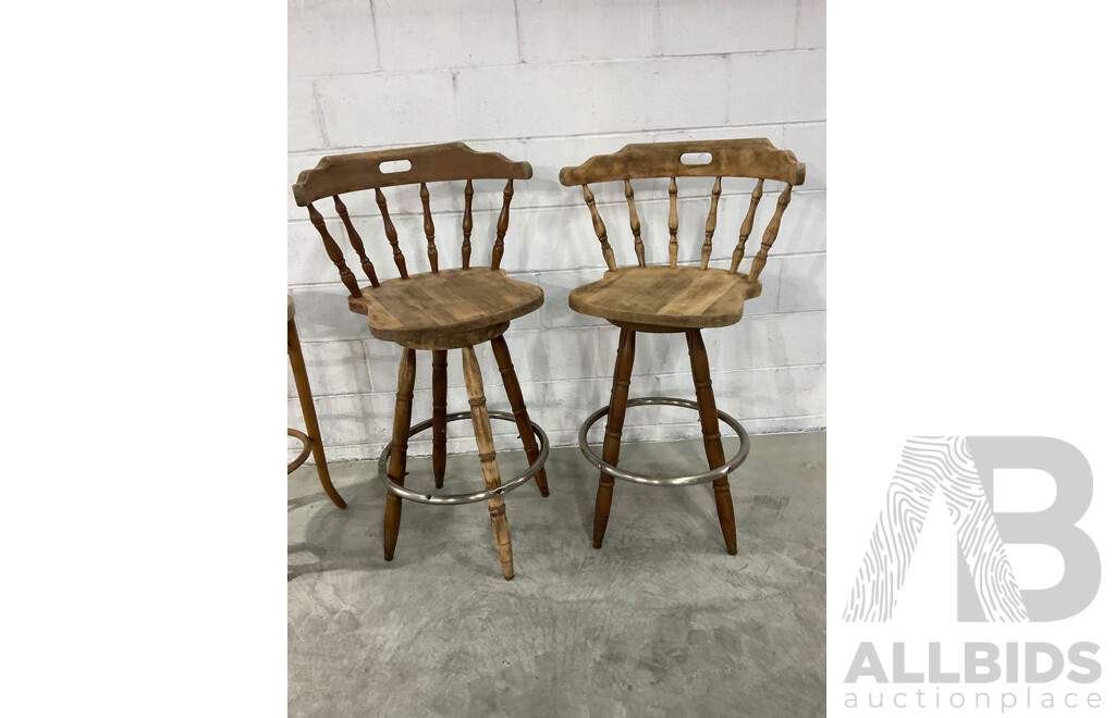 Wooden Swivel Bar Stools Windsor Maple Brass Footrest - Set of 2 and Barstool - Lot of 3