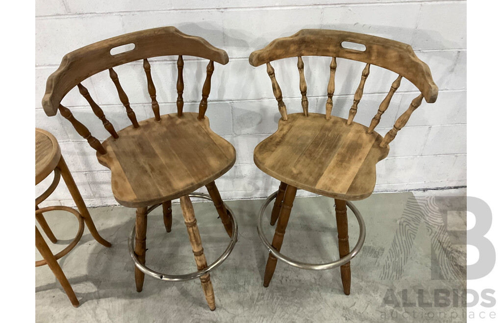 Wooden Swivel Bar Stools Windsor Maple Brass Footrest - Set of 2 and Barstool - Lot of 3