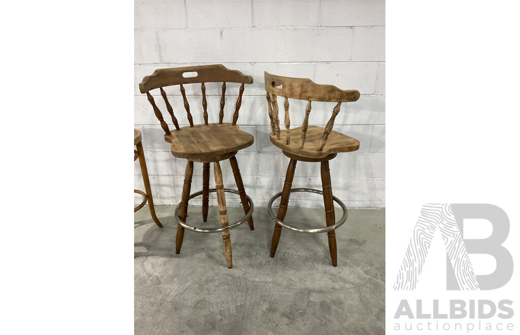 Wooden Swivel Bar Stools Windsor Maple Brass Footrest - Set of 2 and Barstool - Lot of 3