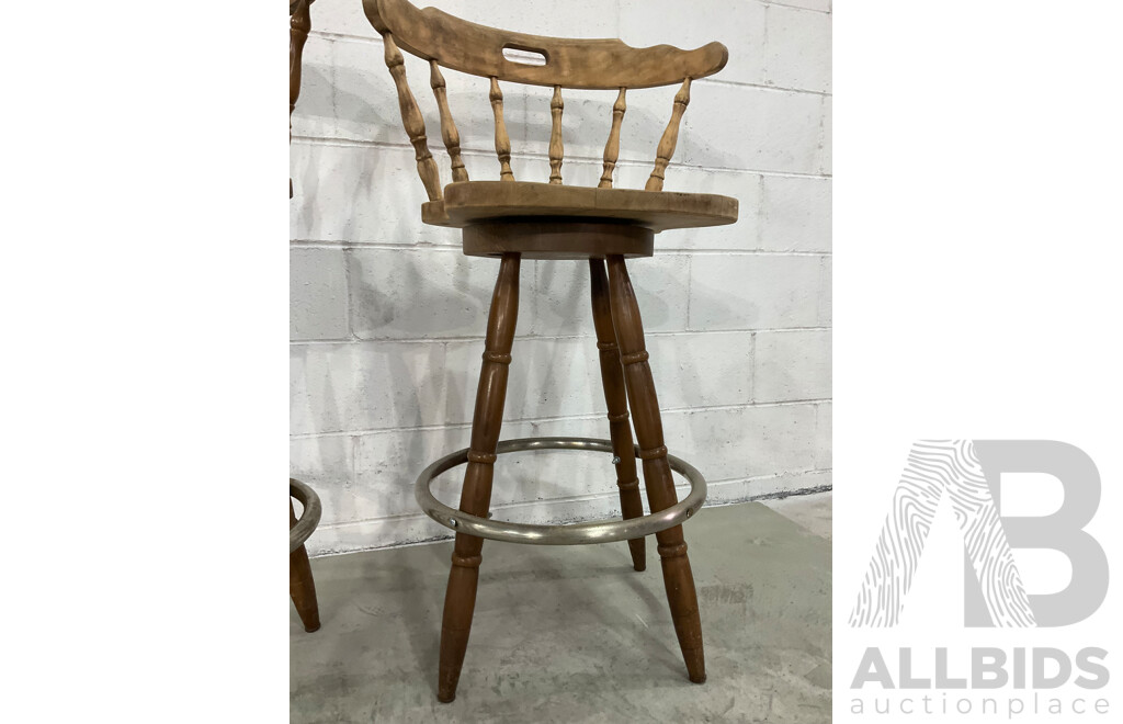 Wooden Swivel Bar Stools Windsor Maple Brass Footrest - Set of 2 and Barstool - Lot of 3