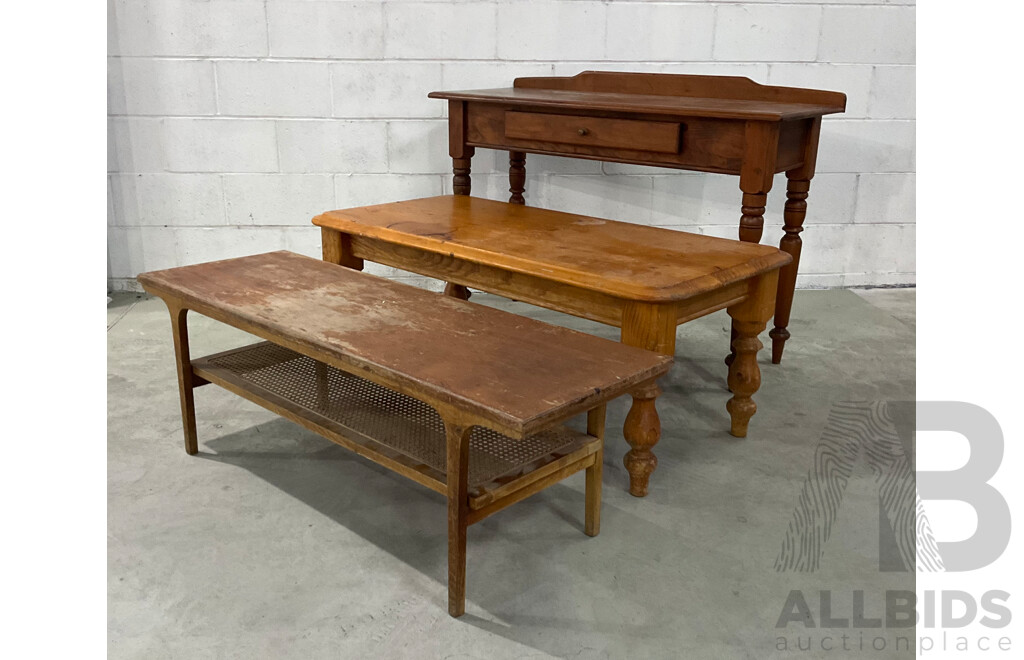 Single Drawer Hall Table Desk, Hardwood Coffee Table, Coffee Table with Rattan Shelf - Lot of 3